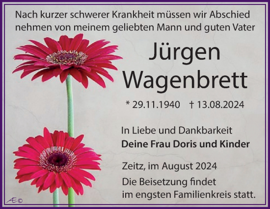 Traueranzeige von Jürgen Wagenbrett von Super Sonntag Zeitz
