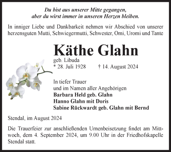 Traueranzeige von Käthe Glahn von Volksstimme Altmark Ost