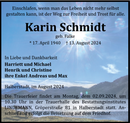 Traueranzeige von Karin Schmidt von Volksstimme Halberstadt
