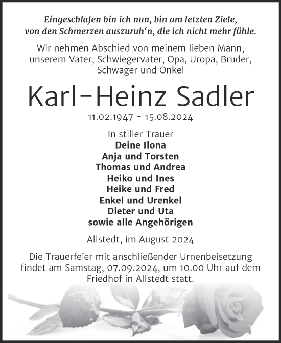 Traueranzeige von Karl-Heinz Sadler von Trauerkombi Sangerhausen