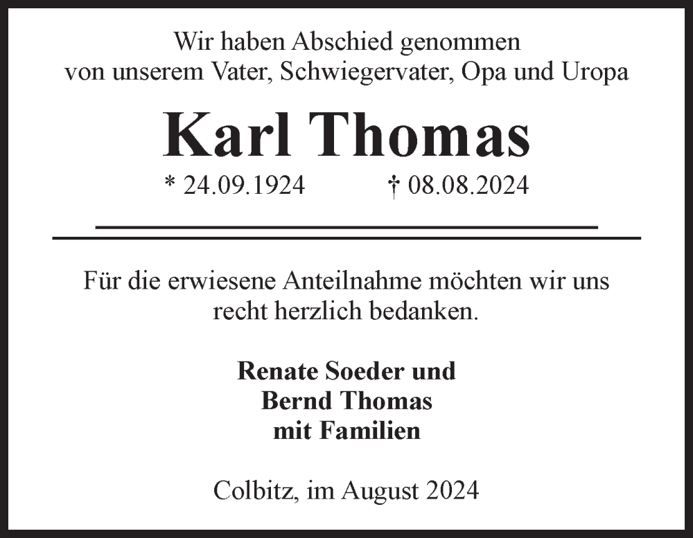  Traueranzeige für Karl Thomas vom 24.08.2024 aus Volksstimme Haldensleben/Wolmirstedt