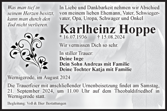 Traueranzeige von Karlheinz Hoppe von Volksstimme Wernigerode