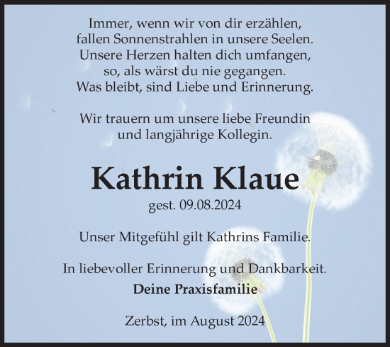 Traueranzeige von Kathrin Klaue von Volksstimme Zerbst