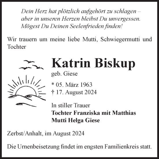 Traueranzeige von Katrin Biskup von Volksstimme Zerbst