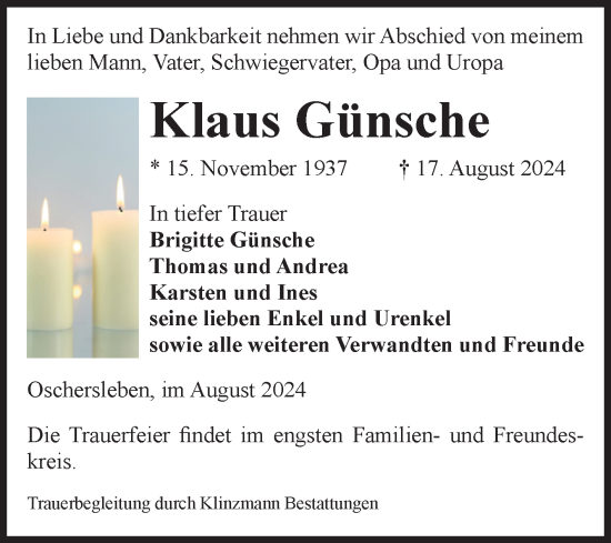 Traueranzeige von Klais Günsche 