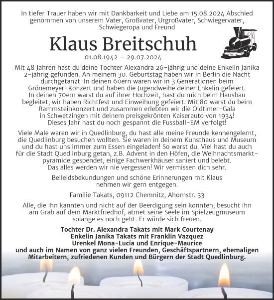 Traueranzeige von Klaus Breitschuh von Trauerkombi Quedlinburg