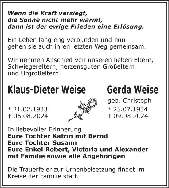Traueranzeige von Klaus-Dieter und Gerda Weise von Trauerkombi Merseburg