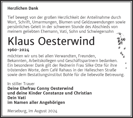 Traueranzeige von Klaus Oesterwind von Trauerkombi Merseburg