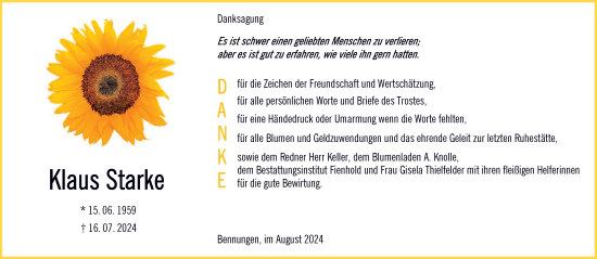 Traueranzeige von Klaus Starke von Trauerkombi Sangerhausen