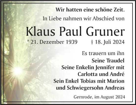 Traueranzeige von Klaus Paul Gruner von Trauerkombi Quedlinburg