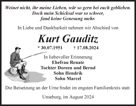 Traueranzeige von Kurt Gauditz von Volksstimme Staßfurt