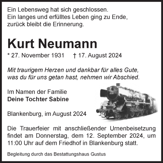 Traueranzeige von Kurt Neumann von Volksstimme Wernigerode