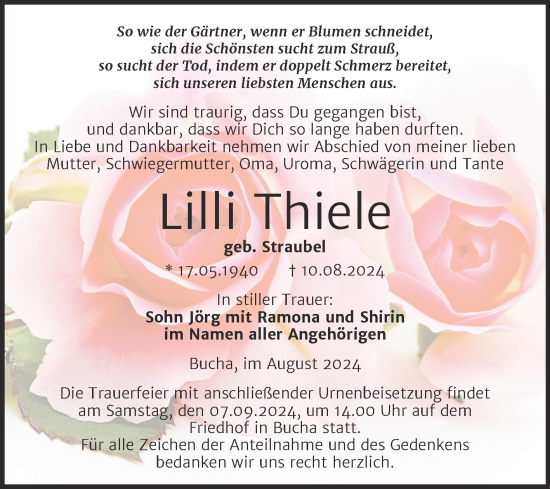 Traueranzeige von Lilli Thiele von Super Sonntag Naumburg/Nebra