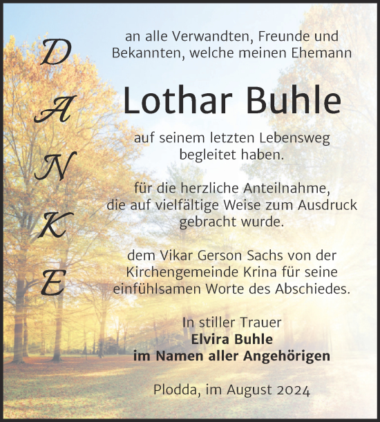 Traueranzeige von Lothar Buhle von Trauerkombi Bitterfeld