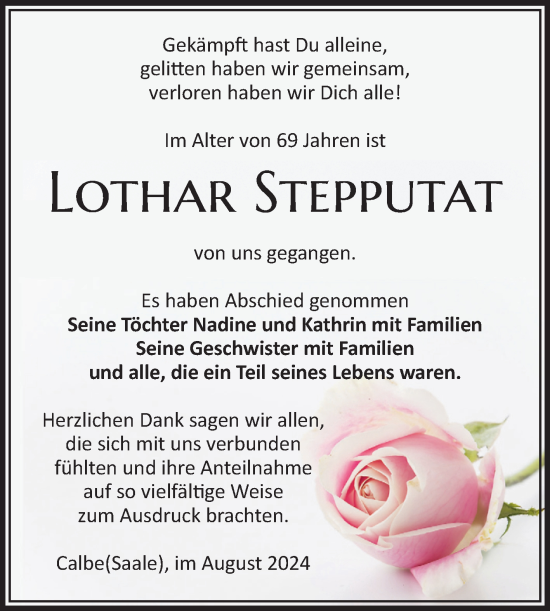 Traueranzeige von Lothar Stepputat von Volksstimme Schönebeck