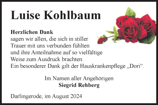 Traueranzeige von Luise Kohlbaum von Volksstimme Wernigerode