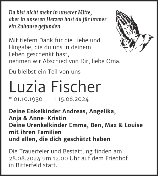 Traueranzeige von Luzia Fischer von Trauerkombi Bitterfeld