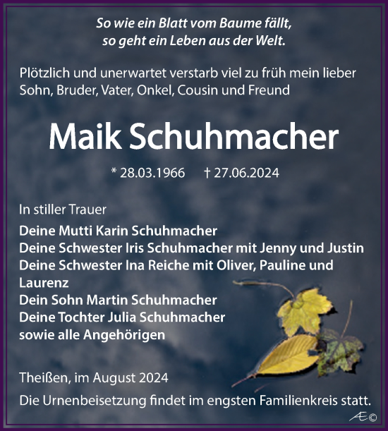 Traueranzeige von Maik Schuhmacher von Trauerkombi Zeitz