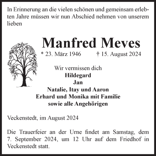 Traueranzeige von Manfred Meves von Volksstimme Wernigerode
