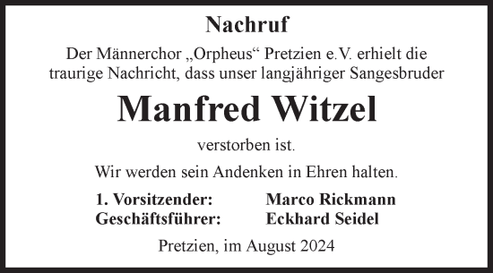 Traueranzeige von Manfred Witzei von Volksstimme Schönebeck