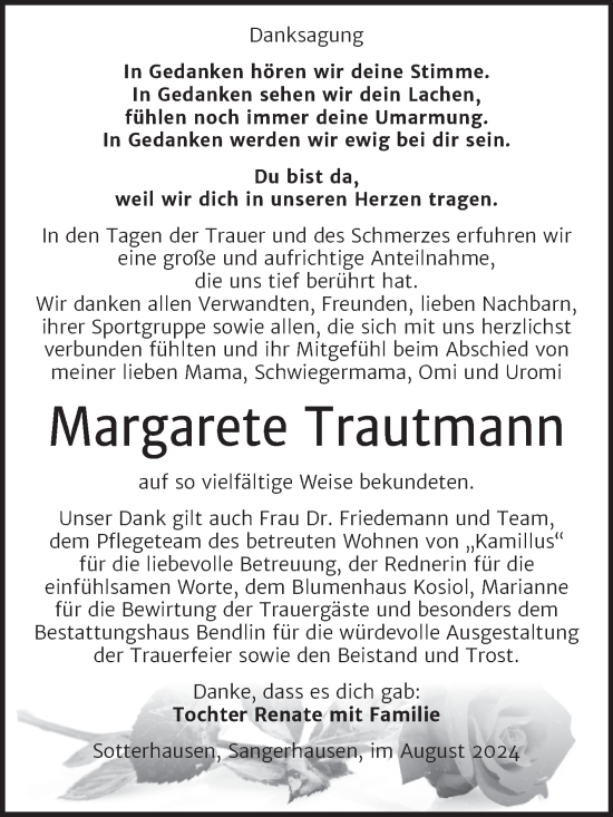 Traueranzeige von Margarete Trautmann von Trauerkombi Sangerhausen