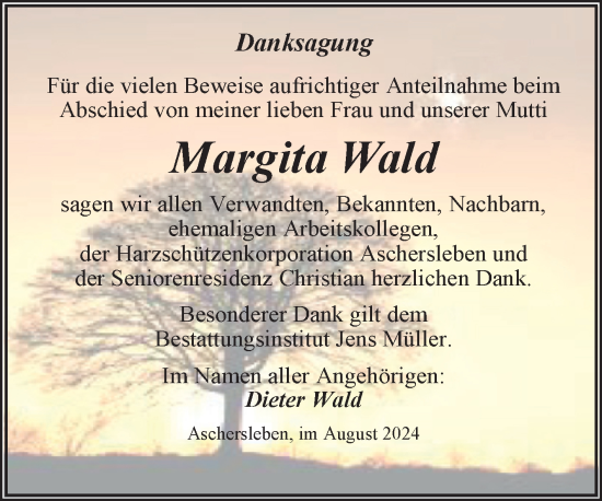 Traueranzeige von Margita Wald von Trauerkombi Aschersleben