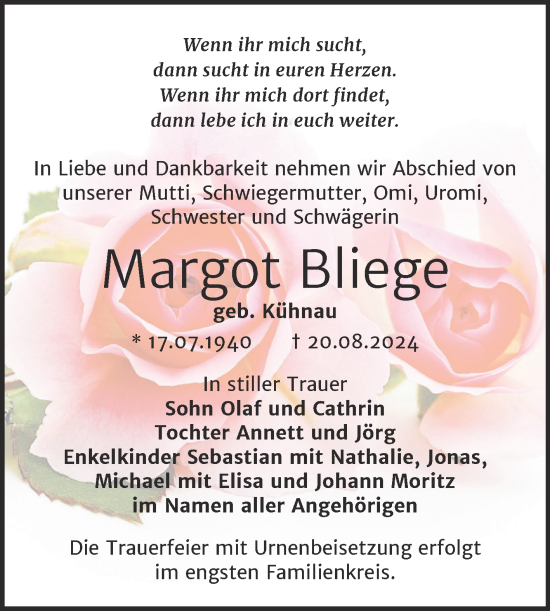 Traueranzeige von Margot Bliege von Trauerkombi Bernburg
