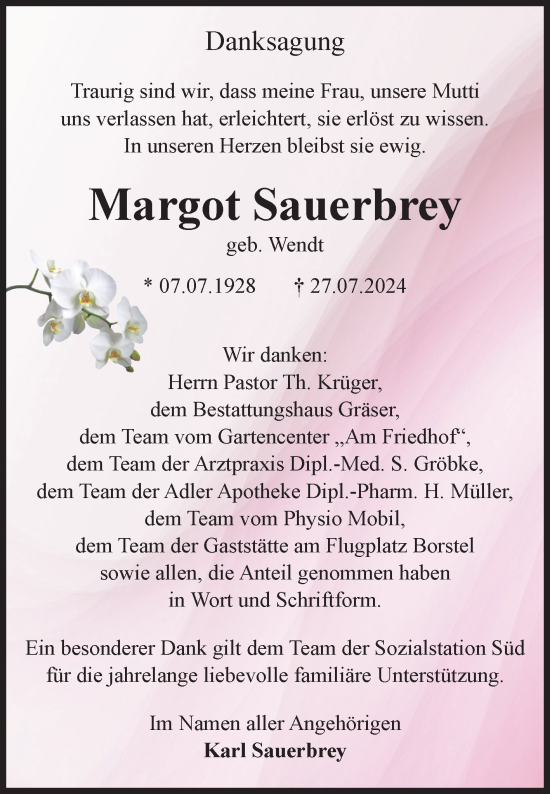 Traueranzeige von Margot Sauerbrey von Volksstimme Altmark Ost