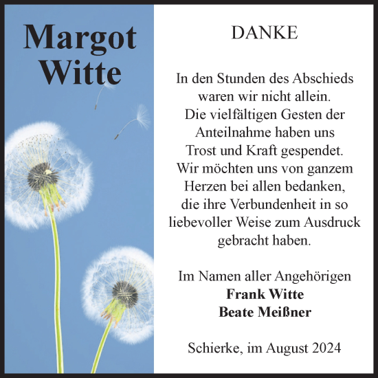 Traueranzeige von Margot Witte von Volksstimme Wernigerode