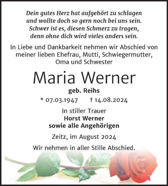 Traueranzeige von Maria Werner von Trauerkombi Zeitz