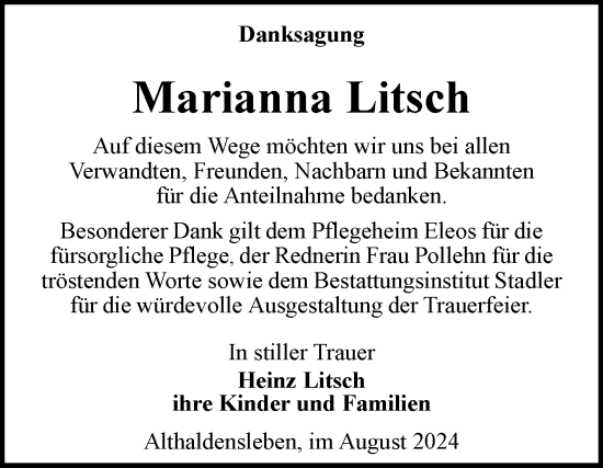 Traueranzeige von Marianna Litsch von Volksstimme Haldensleben/Wolmirstedt