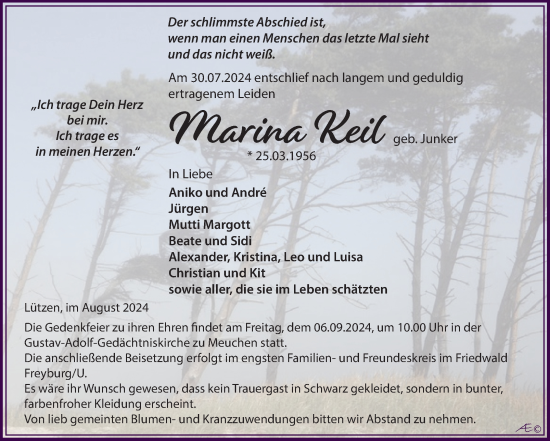 Traueranzeige von Marina Keil von Trauerkombi Weißenfels