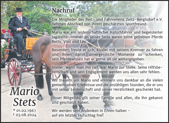 Traueranzeige von Mario Stets von Trauerkombi Zeitz