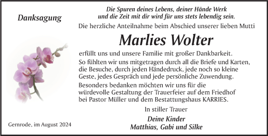 Traueranzeige von Marlies Wolter von Trauerkombi Quedlinburg