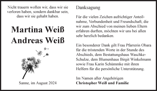 Traueranzeige von Martina und Andreas Weiß von Volksstimme Altmark Ost