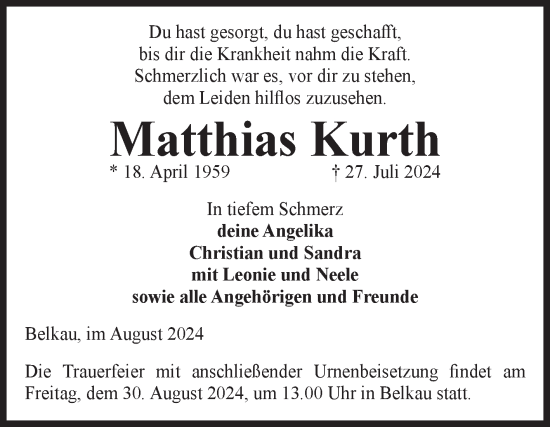 Traueranzeige von Matthias Kurth von Volksstimme Altmark Ost