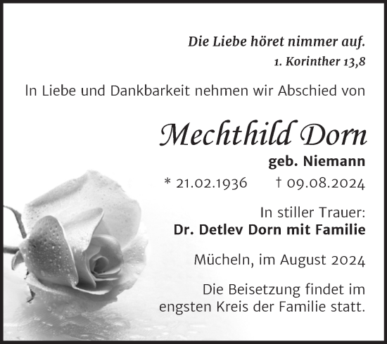 Traueranzeige von Mechthild Dorn von Trauerkombi Merseburg