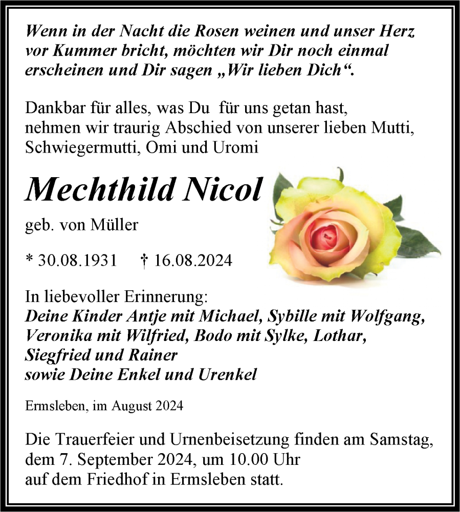  Traueranzeige für Mechthild Nicol vom 24.08.2024 aus Trauerkombi Quedlinburg