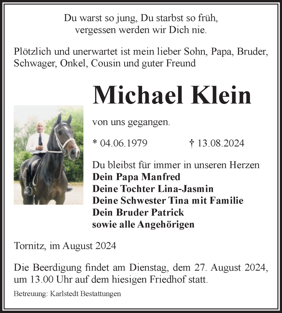 Traueranzeige für Michael Klein vom 24.08.2024 aus Volksstimme Schönebeck