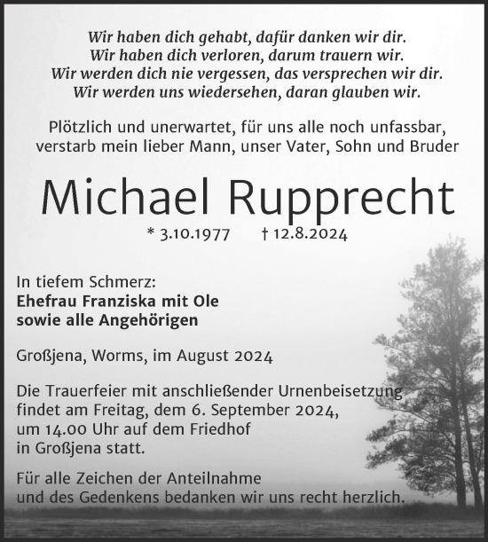 Traueranzeige von Michael Rupprecht von Super Sonntag Naumburg/Nebra