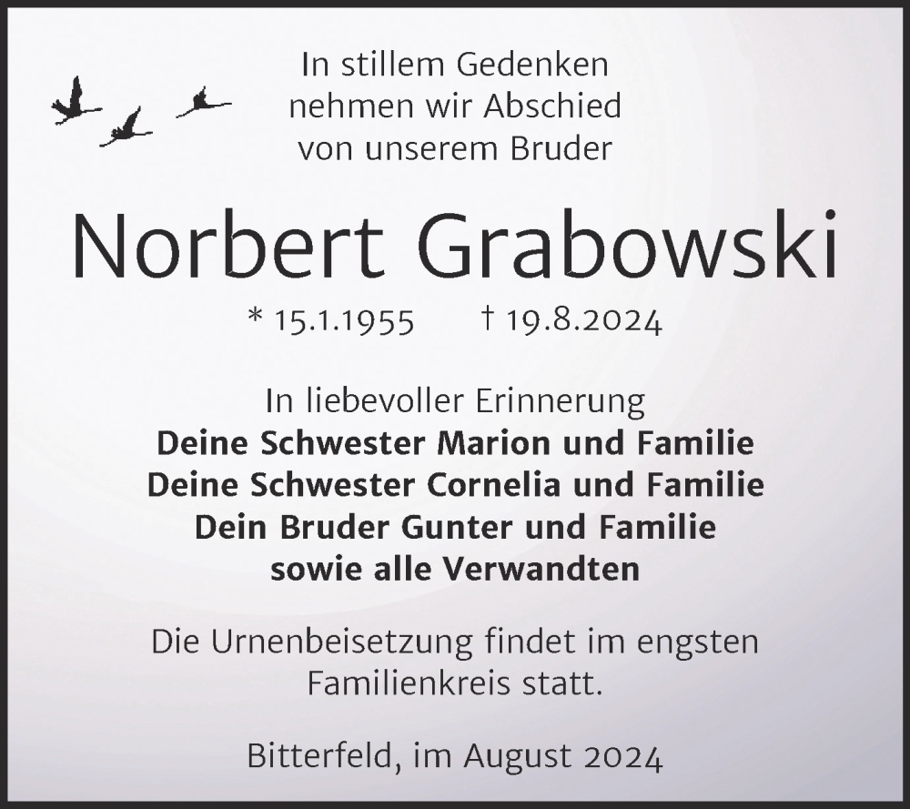  Traueranzeige für Norbert Grabowski vom 24.08.2024 aus Trauerkombi Bitterfeld