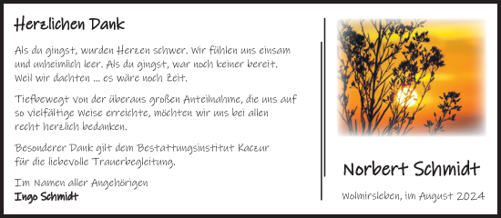Traueranzeige von Norbert Schmidt von Volksstimme Staßfurt