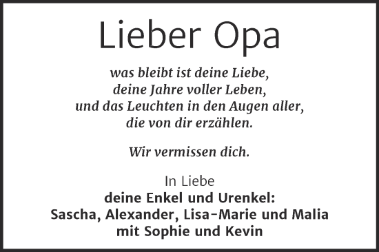 Traueranzeige von Opa  von Mitteldeutsche Zeitung Mansfelder Land