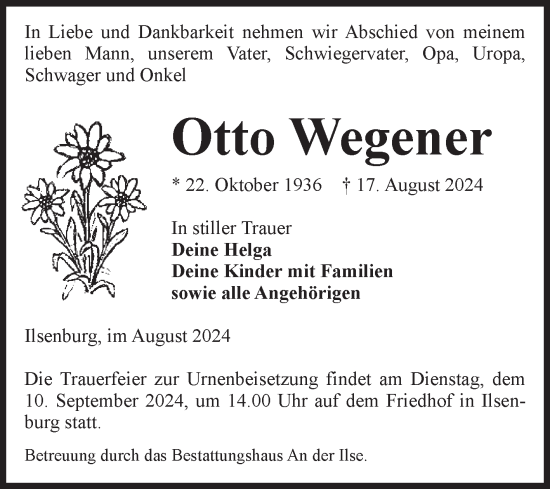 Traueranzeige von Otto Wegener von Volksstimme Wernigerode