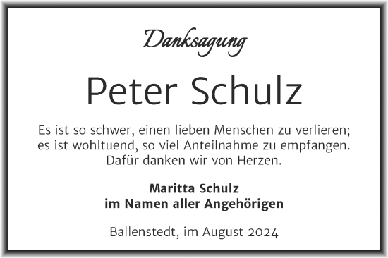 Traueranzeige von Peter Schulz von Trauerkombi Quedlinburg