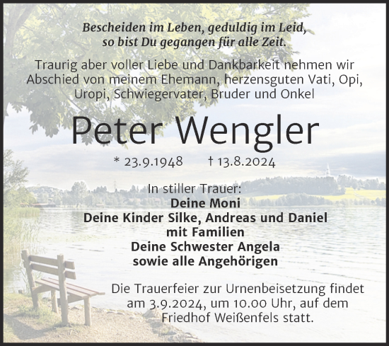 Traueranzeige von Peter Wengler von Trauerkombi Weißenfels