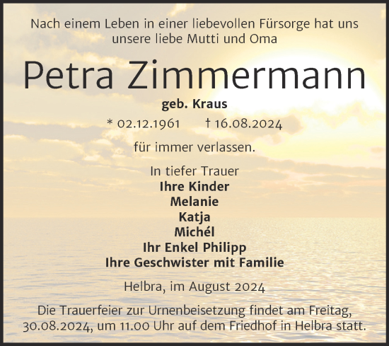 Traueranzeige von Petra Zimmermann von Trauerkombi Mansfelder Land