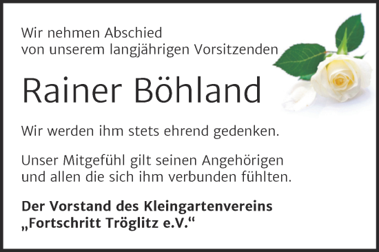 Traueranzeige von Rainer Böhland von Trauerkombi Zeitz