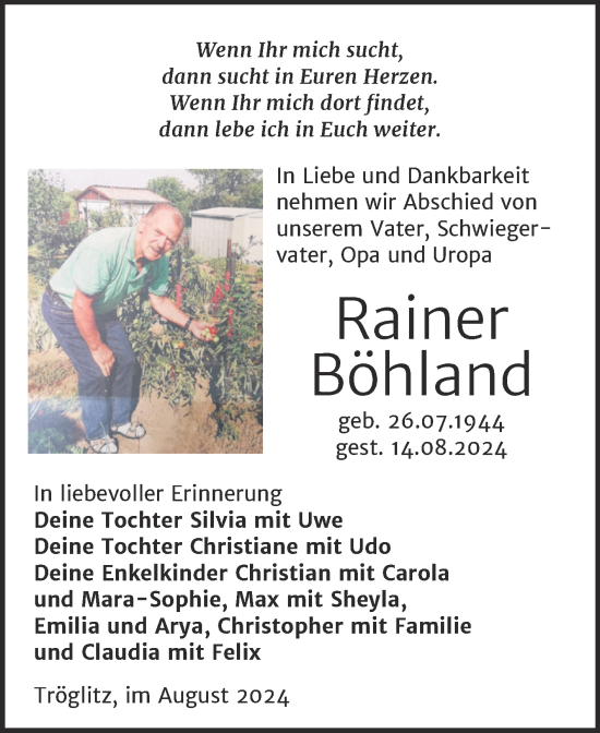 Traueranzeige von Rainer Böhland von Trauerkombi Zeitz