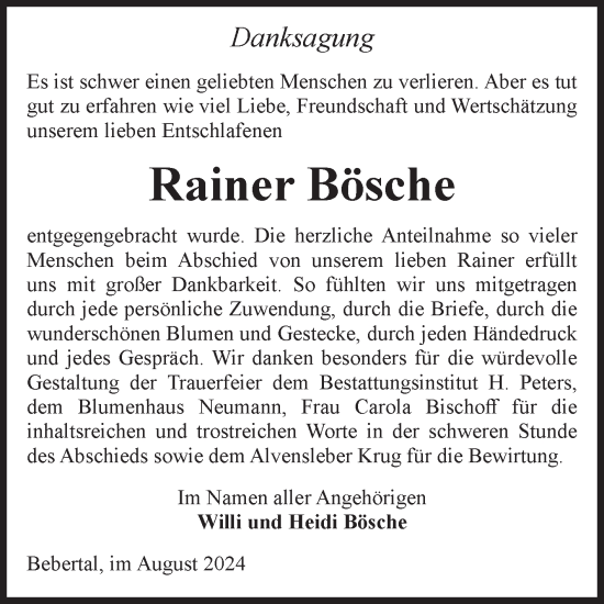 Traueranzeige von Rainer Bösche von Volksstimme Haldensleben/Wolmirstedt